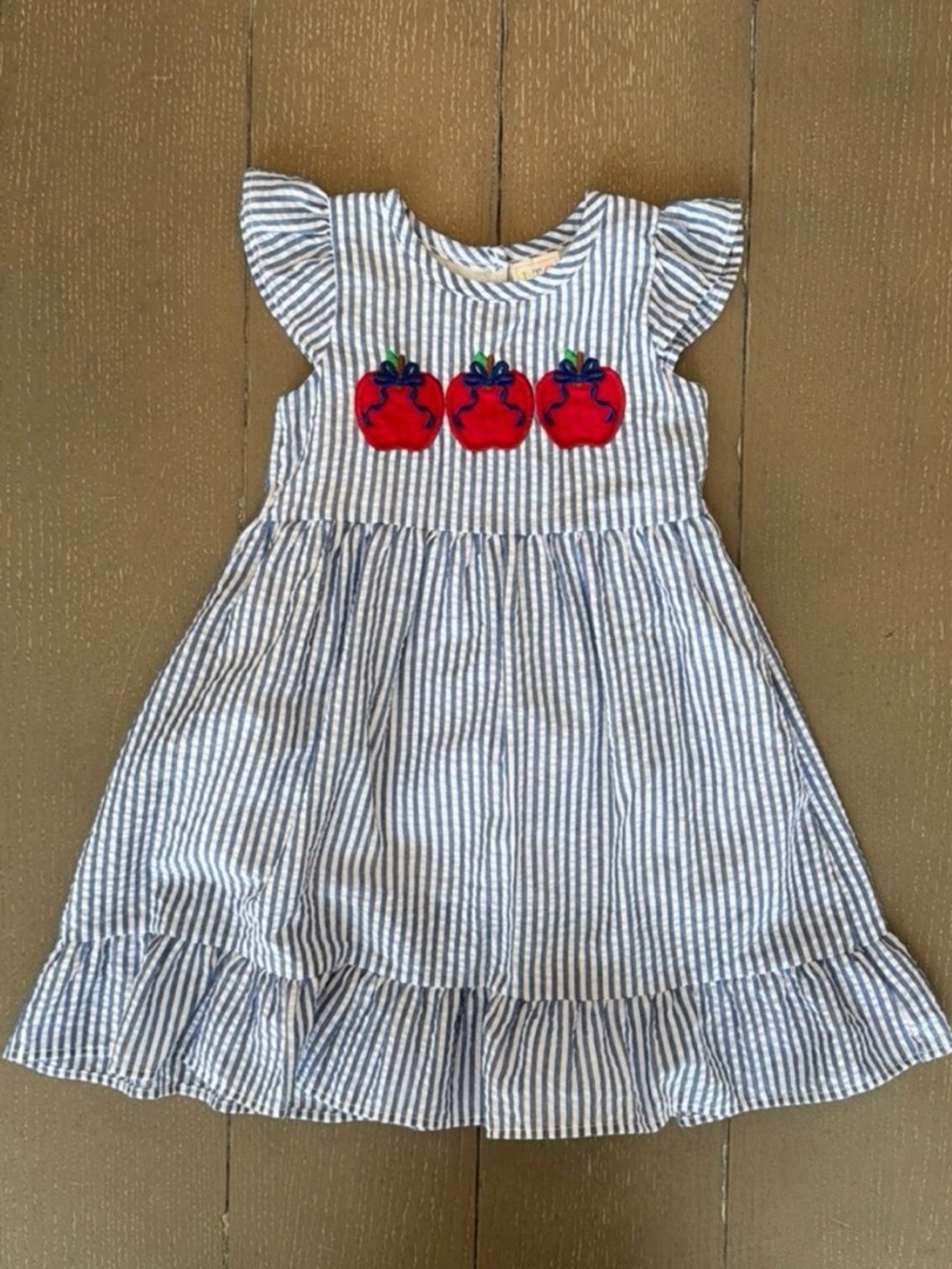Toddler Girl Seersucker Smock Apple “Back to School” Blue Ruffle Dress • Size 3T